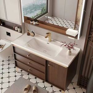 Meuble de salle de bain moderne du milieu du siècle en noyer, armoire en bois massif avec miroir LED et lavabo intégré en céramique - Product Image 5
