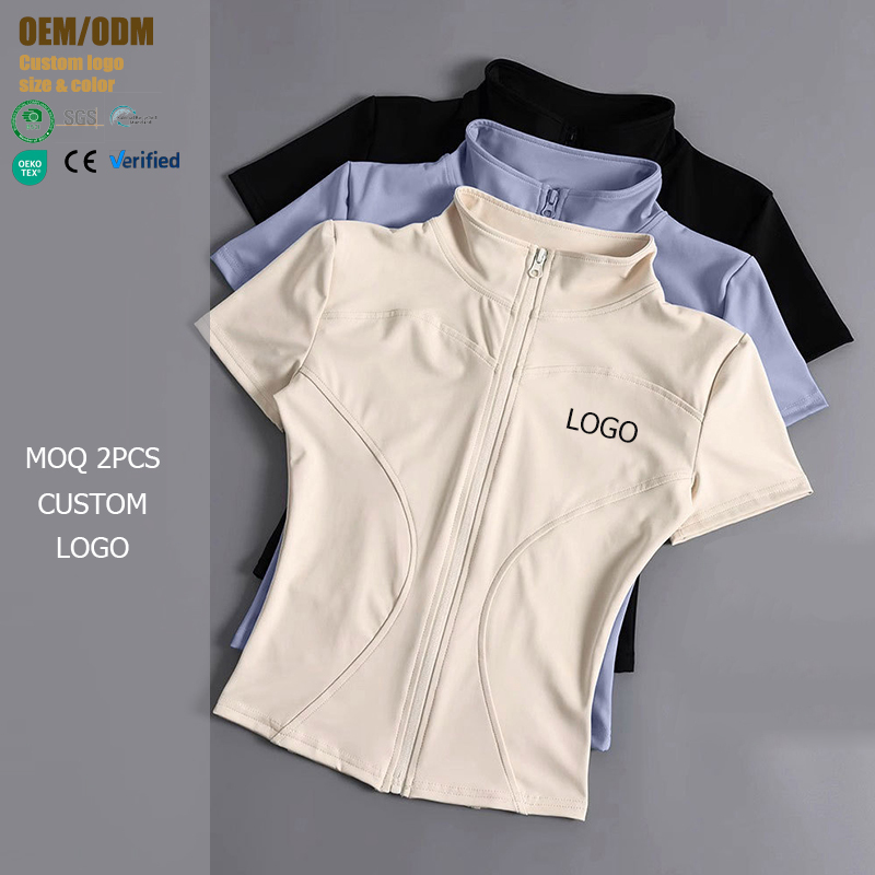 Women's Gym Lightweight Yoga Jacket High-Elasticity Short Sleeves Stand Collar Second-Skin Fit Fitness Training Breathable Top