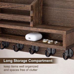 Wooden Key Rack Wall Mounted Mail And Glasses Storage <b>Shelf</b> With <b>Hooks</b> For Entryway Living Room Organization - Product Image 2