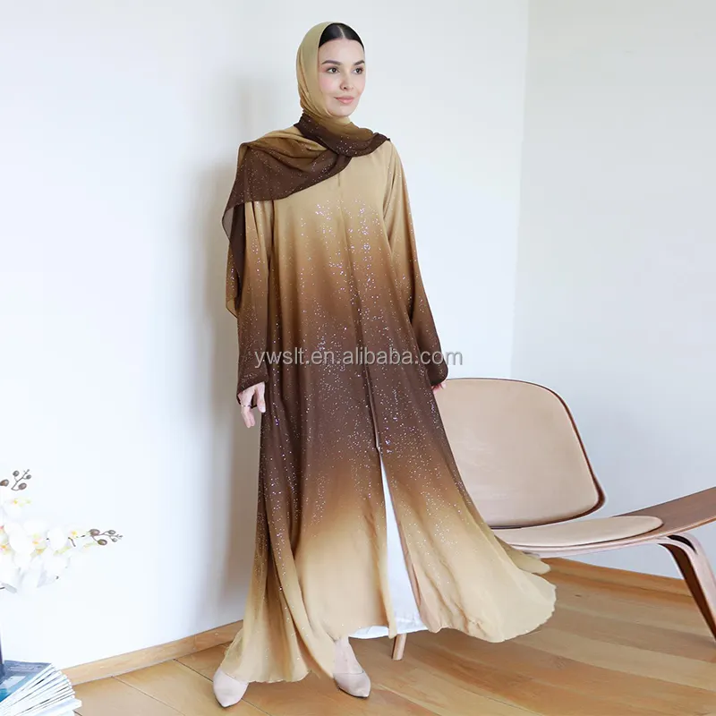 Latest Design Modest Luxury Dubai Abaya Turkish Women Muslim Dress Glitter Chiffon Kimono Matching Hijab Set Najma Ombre Abaya