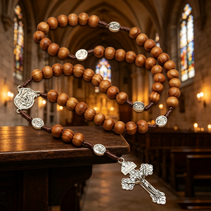Elegantes rosarios católicos con conector Ilo y plata en oro laminado, pulsera de siete nudos, dije mini de San Benito. - Product Image 3