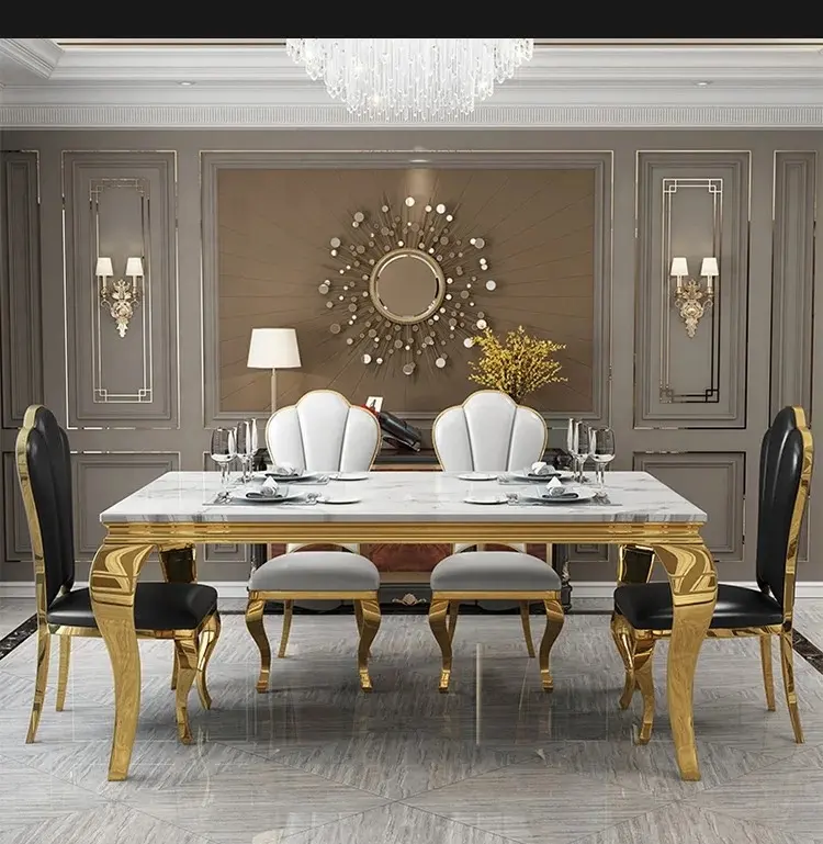 Plateau en marbre chinois cadre en acier inoxydable table de restaurant utilisée et table de chaise ensemble 6 chaises à vendre