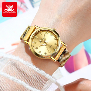 Reloj de cuarzo elegante para mujer OFK Gold Tone Fashion, correa de acero inoxidable con esfera con puntero - Product Image 4