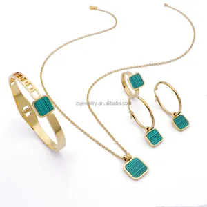 Green Shell Classic Mulheres Hoop Brinco Bangle Jóias 18K Habesha Iced Jewelry Set Ouro Newted Aço Inoxidável Geométrica 12 Conjuntos