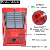 Luz estroboscópica solar con detector de movimiento, control remoto, lámpara de alarma solar, sirena de seguridad con sonido de 129db, luces impermeables IP65