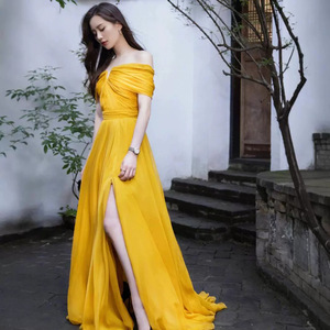 Yellow Off The Shoulder Evening Gown Empire Waist Long Dress For Banquet And Party - Product Image 3