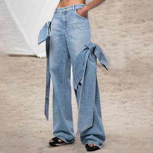 Nouveau Jean Femme Taille Haute à Jambes Larges, Style Délavé, avec Empiècements et Nœud, Tendance - Product Image 1