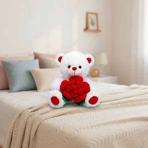 Teddybär Plüschtier mit Rose als Valentinstagsgeschenk, Hochwertiges Stofftier, Weiße PP-Baumwolle, Schnelle Lieferung - Product Image 1