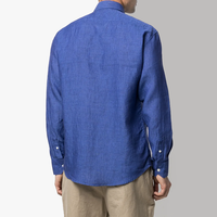 Kemeja Linen Pria Warna Navy Lengan Panjang, Ujung Bawah Melengkung, Kancing Depan, Kerah Klasik, Manset Berkancing, Ujung Bawah Melengkung, Produksi OEM