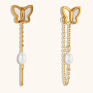 Fashion Jewelry Non Tarnish Inlaid White Shell Butterfly Stud Earrings No Fade Stainless Steel Pearl Metal Tassels Earring