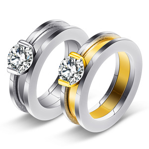 <b>Couple</b> <b>Rings</b> 8MM Zircon Set Two Tone Stainless Steel Valentine Gift Jewelry - Product Image 1