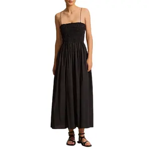 महिलाओं काले हल्के द्रव कपास कपड़े आराम से फिट मैक्सी लंबाई सीधे neckline के पतली पट्टियाँ लोचदार shirred पोशाक