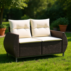 Canapé de jardin en rotin brun deux places, mobilier d'extérieur, coussin en polyester durable, design contemporain - Product Image 2