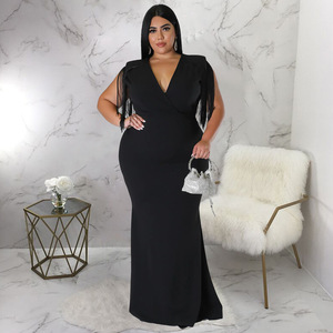 <span class=keywords><strong>Abbigliamento</strong></span> Donna Taglie Forti all'Ingrosso, Nuova Collezione <span class=keywords><strong>Moda</strong></span>, Abito Lungo Aderente Sexy con Scollo a V e Frange, Maniche Lunghe - Product Image 4