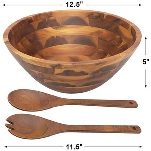 Saladier en bois d'acacia naturel, Saladier en bois avec cuillère à salade et fourchette - Product Image 2