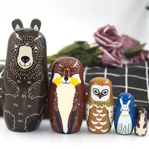 cartoon brown bear five layers forest bear wooden crafts Russian nesting doll for scenic area gift