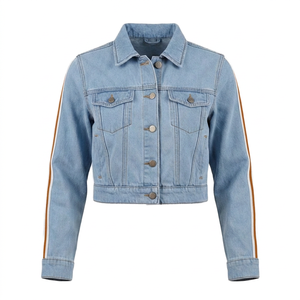 Chaqueta vaquera azul claro con rayas laterales, cuello vuelto, corte ajustado, ropa exterior informal para primavera - Product Image 4