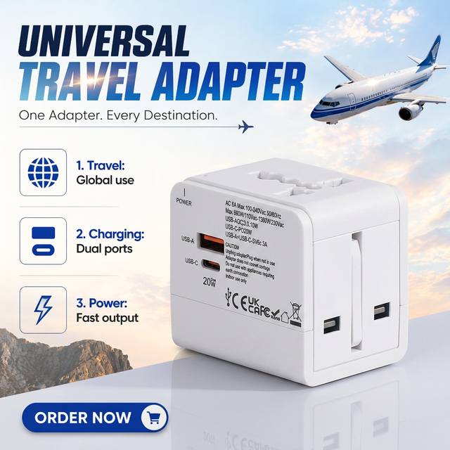 Foxcan OEM ODM 20W ABS Plastic Travel Adapter USB Type-C 1 Port 2 USB a 6A Current 5V 2.4A for UK/US/AU/EU Plugs Travel Use