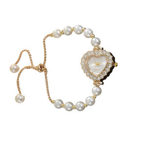 Montre élégante et tendance de style scolaire ovale de luxe pour étudiants unisexes, avec un cœur serti de diamants, une boucle à tirette en perle - Product Image 5