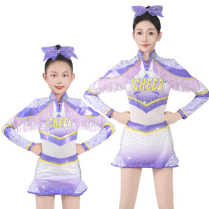 Fantasia de Dança para Meninas, Uniformes de Cheerleading com Strass Brilhantes, Vestido de Cheerleader com Manga Longa em Patchwork Metálico - Product Image 1