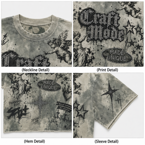 เสื้อยืดซันเฟดด์ผู้ชาย 300gsm ผ้าฝ้าย 100% ล้างสีแบบ Dirty Wash พิมพ์ลายกราฟิก ประดับเพชร ทรงบ็อกซี่ สไตล์ Distressed Streetwear - Product Image 3