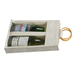 Bolsa para DOS botellas de vino con ventana, asa de palma, tela de yute teñida, PVC con efecto acuarela, diseño geométrico vintage, unisex, abierta, 1000 unidades - Product Image 3