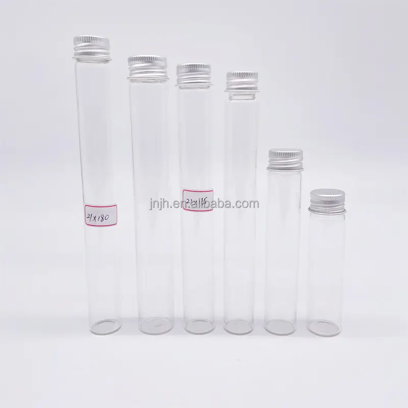 Tubo de prueba de vidrio de fondo plano/redondo de alta borosilicato, grado alimenticio, con tapa de tornillo de aluminio