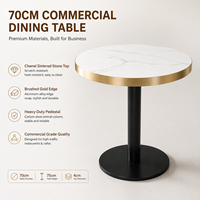 Table de bistrot ronde pour hôtel et café, plateau en pierre frittée, bord en aluminium doré, base en piédestal noir, vente en gros pour la restauration commerciale, OEM