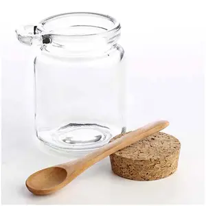 Botella de vidrio de corcho con cuchara de madera, contenedores de miel para almacenamiento de especias, alimentos, nueces, frutas secas, Jam, embalaje de mantequilla corporal