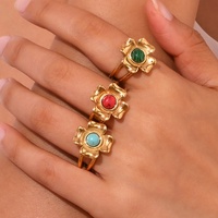 Dreamshow Bijoux en pierres précieuses naturelles Bague fleur turquoise colorée Bijoux en acier inoxydable plaqué or 18 carats