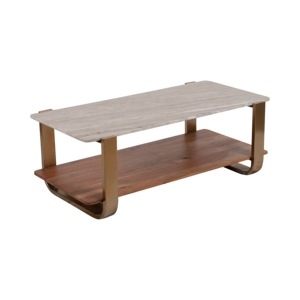 Tavolino da Caffè Rettangolare con Piano in Marmo e Ripiano in Legno per Soggiorno e Camera da Letto, Tavolo d'Appoggio Decorativo - Product Image 2