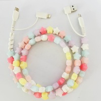 Câble de charge perlé style macaron pastel mignon, 4-en-1 multi-interface, câble de synchronisation de données USB style Kawaii pour téléphone
