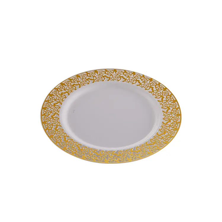 Piatti di plastica usa e getta direttamente in fabbrica piatto da pasto dorato dorato piatto da tavola di fascia alta modello rosa piatti da tavola vuoti Supplie