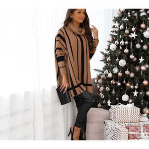 Poncho Kazakh pour femmes en mélange de laine marron, tunique rayée oversize, pull à manches longues, col châle, vêtement d'hiver tendance - Product Image 1