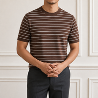 Pull en tricot personnalisé pour homme, col rond, manches courtes, mélange de laine douce, rayures, point plissé, OEM ODM, usine source, marque privée