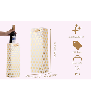 Sacs cadeaux de Noël en or métallisé pour champagne et vin, en gros, avec étiquette, sacs cadeaux pour bouteille unique à pois dorés pour les fêtes - Product Image 1