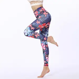 新款高品质女性印尼瑜伽裤成熟高腰瑜伽打底裤红色花卉跑步紧身裤