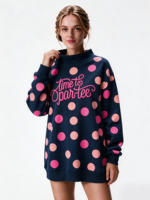 Sweat-shirt tendance pour femmes à col montant à pois, longueur allongée, avec logo brodé personnalisé