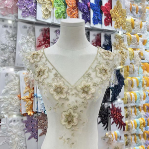 Parche de cuello de encaje floral con cuentas doradas <span class=keywords><strong>para</strong></span> vestido, apliques de escote bordados <span class=keywords><strong>para</strong></span> vestido de novia, Aso Ebi,Kaftan, decoración DIY - Product Image 4