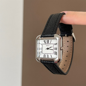 Montre pour femmes élégante avec cadran rectangulaire, montre de luxe pour femmes d'affaires avec chiffres romains et bracelet en cuir - Product Image 1
