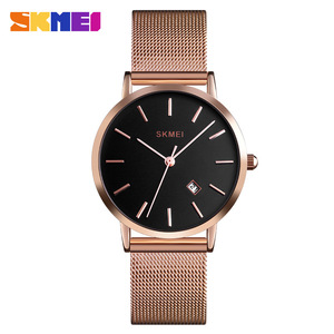 Skmei Women's Quartz Watch Rose Gold Mesh Band Black Dial Date Display Minimalist Fashion Business Style 8mm Thin Analog Watch - Product Image 1