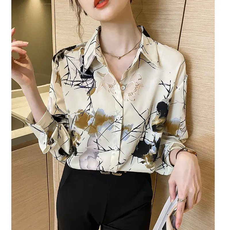Blusa elegante de alta qualidade com centenas de blusas mais vendidas por atacado de chiffon estampado, 2024