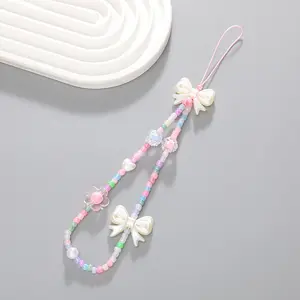 Fashionable Crystal Bead Mobile Phone Strap Lanyard Accessory Charm With Flower For Mobile Phones