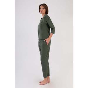 Ensemble de pyjama plissé à col rond et épaules tombantes pour femme, manches 3/4, poches, coupe 7/8 - Couleur : MEADOW - Product Image 2