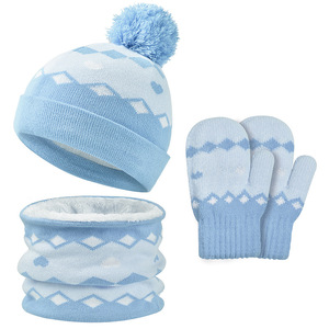 Ensemble bonnet, gants et écharpe pour enfants, 3 pièces, automne/hiver, 100% coton jacquard, motif diamant et cœur, tricot chaud - Product Image 5