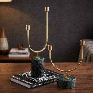 Candélabre moderne en métal doré avec base en marbre, porte-bougie décoratif pour table, support de bougie pour la décoration de la maison, centre de table pour salle à manger - Product Image 2