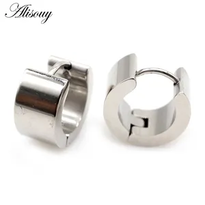 Alisouy 2pc Punk Women Men Small Huggie Earrings Gold Color Black Blue Stainless Steel Round Smooth Circle Hoop Earrings Jewelry