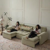 Modernes, schlichtes elektrisches Stoffsofa mit hoher Rückenlehne für das Wohnzimmer, wandnah, großes Sitzfeld, tief, verstellbar, ausziehbar, multifunktional, Holz