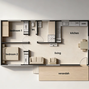 Villa préfabriquée moderne LGS avec salle de bain, cuisine, salon et 1 chambre - Product Image 1