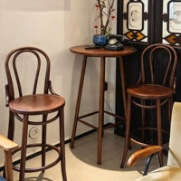 Tabouret de bar vintage en bois courbé, assise en rotin, dossier haut, chaise de bar rétro pour café et restaurant, hauteur de comptoir